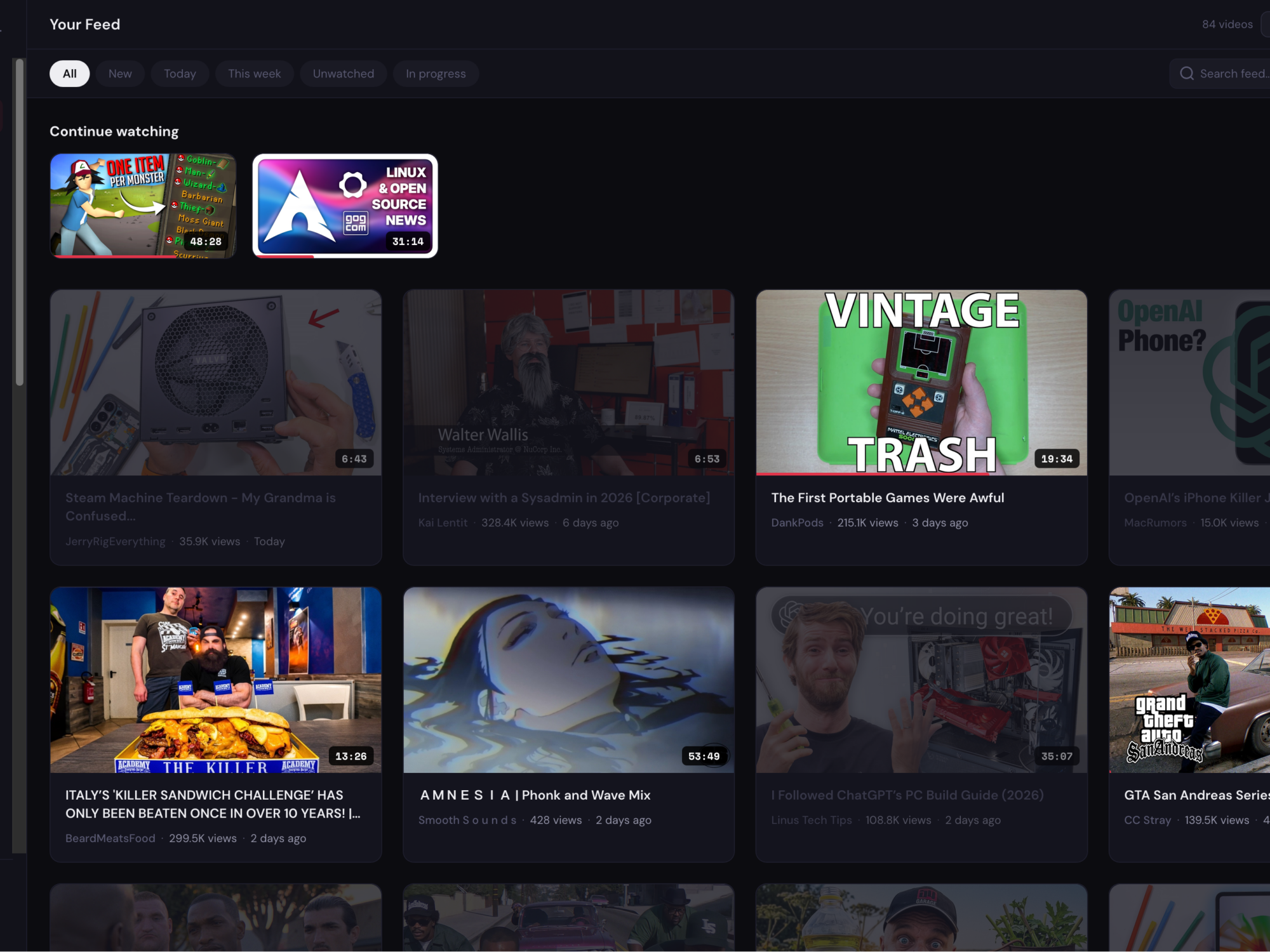 UnTube Web-Interface Feed-Ansicht