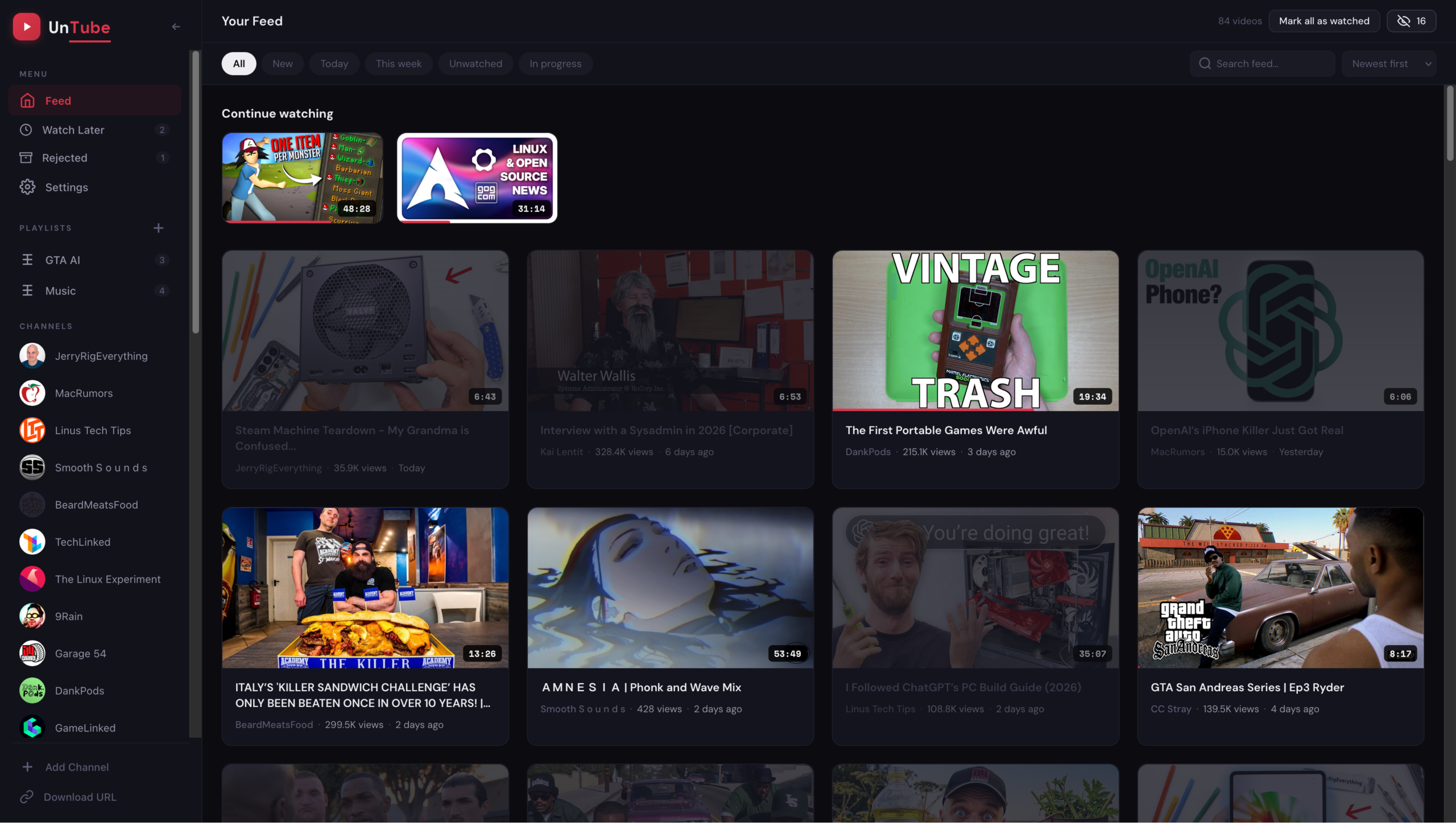UnTube Web-Interface Feed-Ansicht